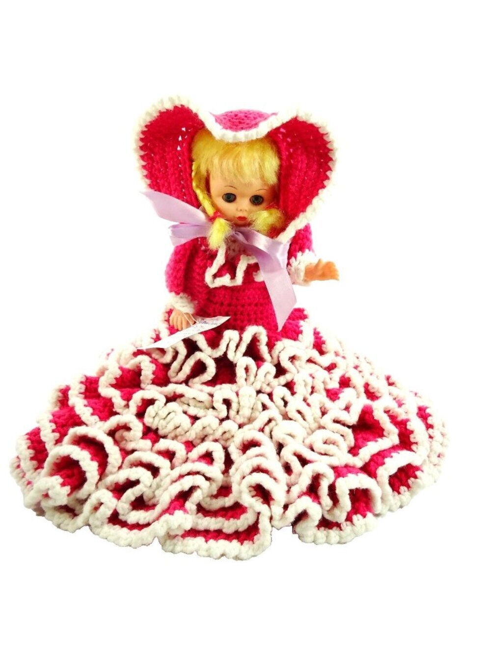 Vintage Doll Ruffled Layered Crochet Pink White Dress Sleeping Eyes 14in